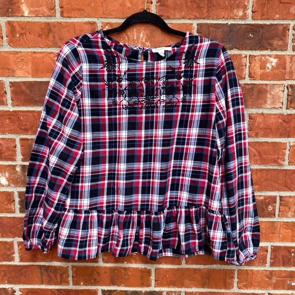 Beach Lunch Lounge Womens Large Plaid Embroidered Keyhole Long Sleeve Blouse